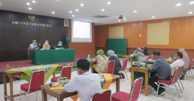 Suasana saat rapat dosen pengampu mata kuliah keweirausahaan pada Senin, 15 Maret 2021 di Auditorium Blok 1 lantai 4 Universitas Nasional